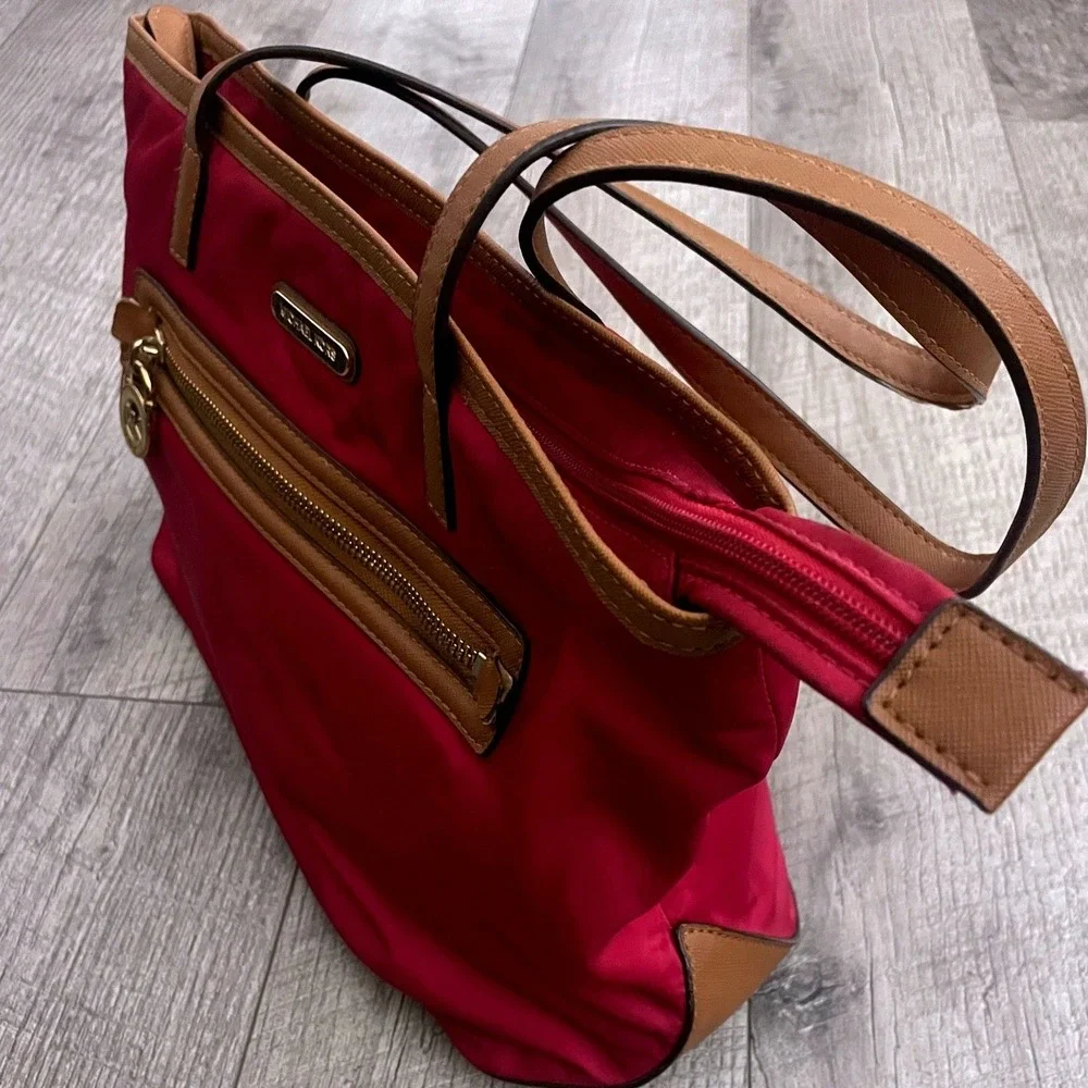 Michael Kors Pink Nylon Saffiano Leather Trim‎ Tote Bag Gold Hardware MK Logo